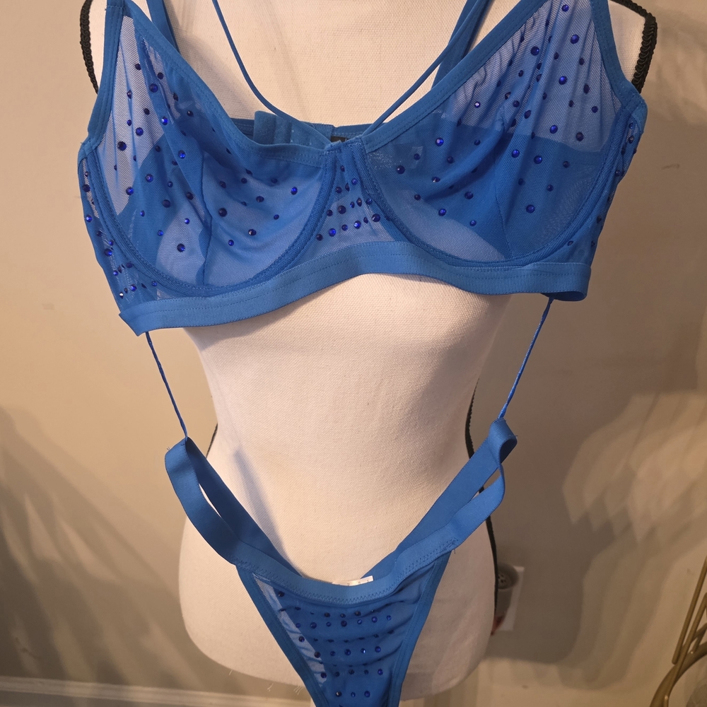 Sheer Mesh Blue Embellished Bralette & Thong Set- NWOT